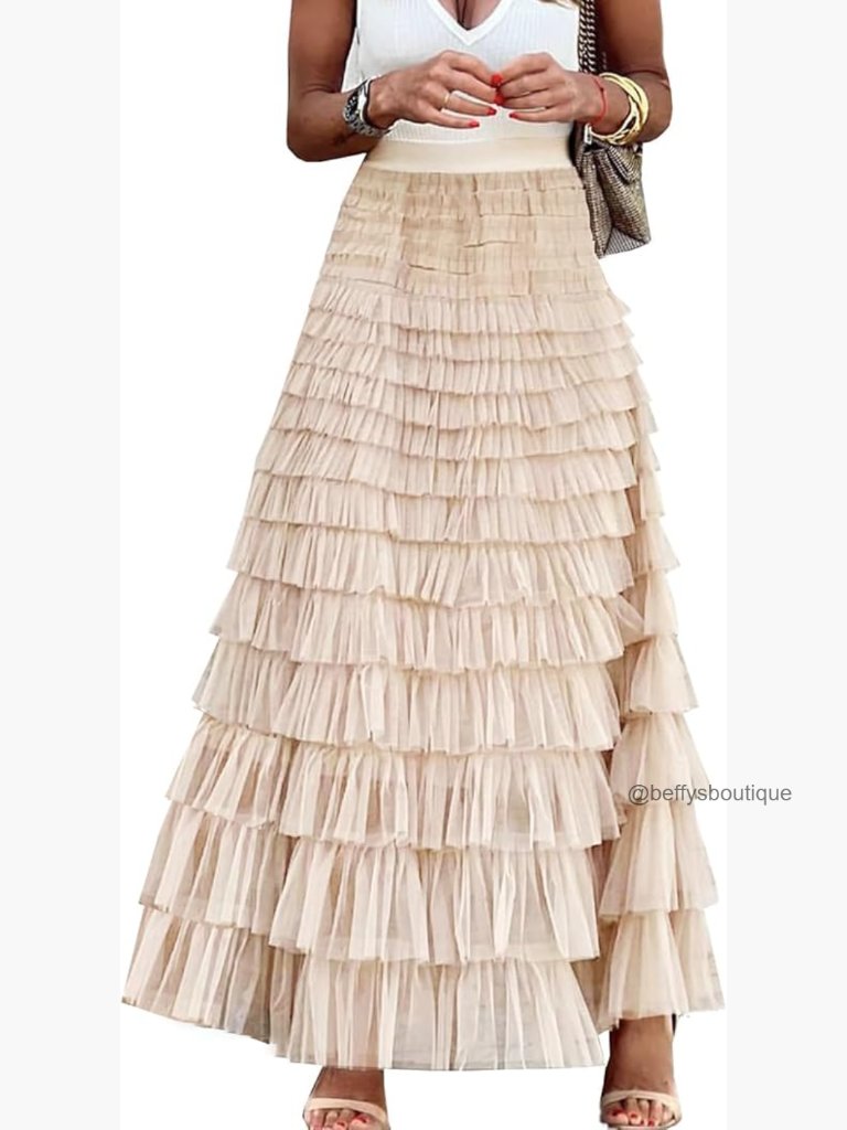 Long Maxi Tulle Skirt High Waisted Tiered Layered Mesh A-Line Ruffle